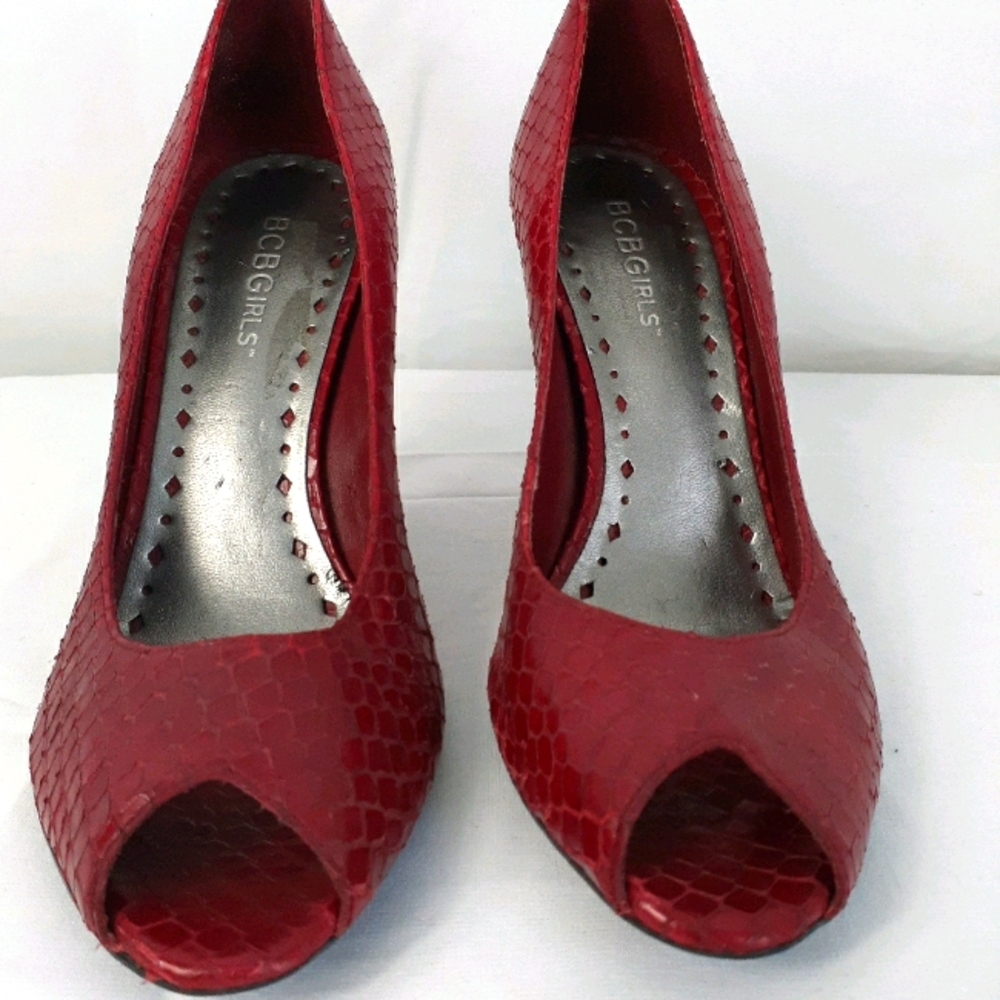 BCBG Womens Size 6 Red Leather Snakeskin Peep Toe Heels